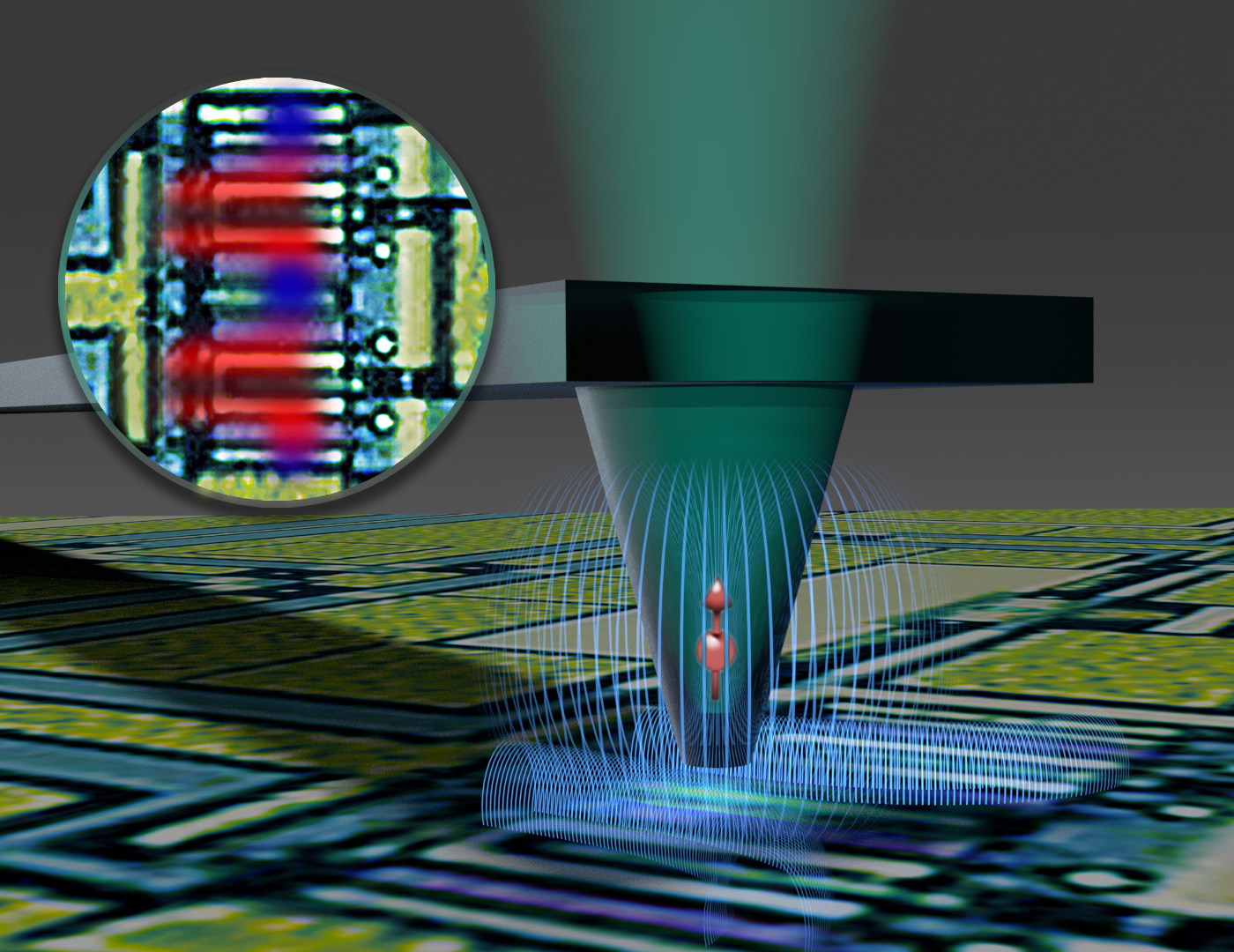 Schematische Darstellung eines Rastersonden-Quantenmagnetometers mit einer NV-Diamantspitze, die Ströme einer nanoelektronischen Schaltung bildgebend nachweist.