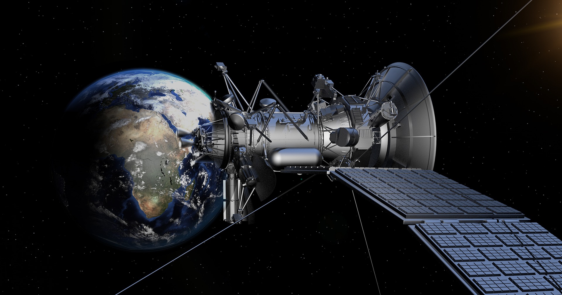 Blick aus dem Weltraum auf die Erde und einen Satelliten mit IR-basierte Fernerkundungssystem