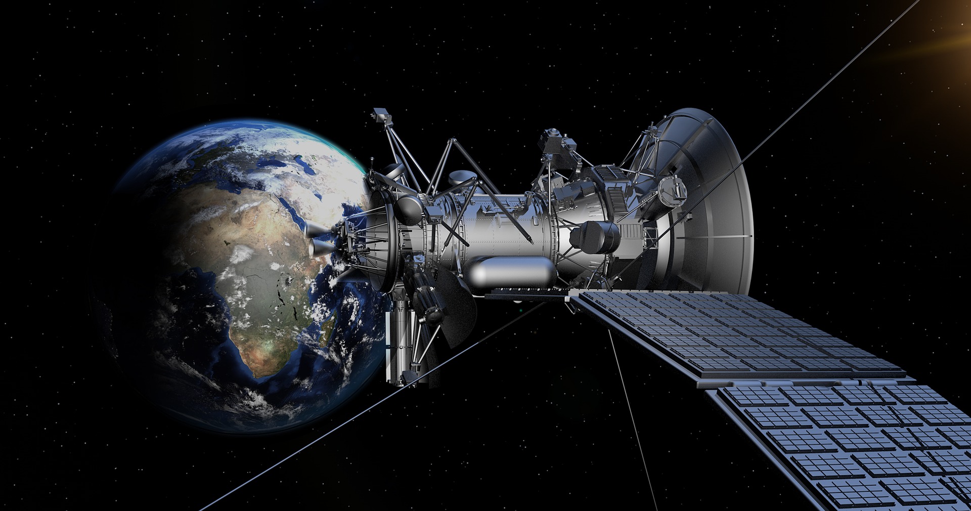 IR-basierte Fernerkundungssysteme erlauben Satelliten-gestützte Erdbeobachtung aus dem All ebenso wie die Beobachtung unseres Sonnensystems und darüber hinaus. Blick aus dem Weltraum auf die Erde und einen Satelliten mit IR-basierte Fernerkundungssystem