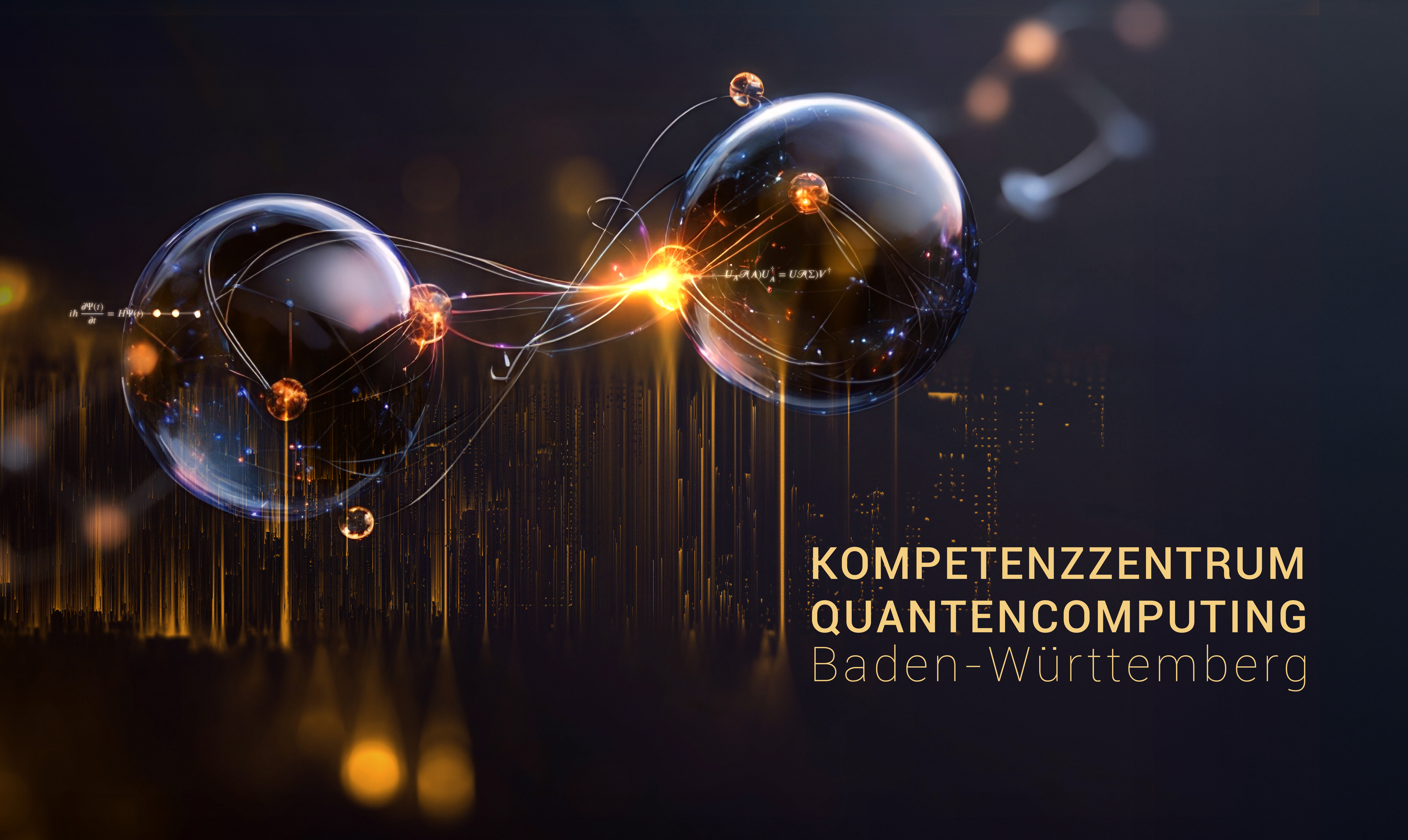 Abstraktes Bild zweier Qubits in gold und schwarz