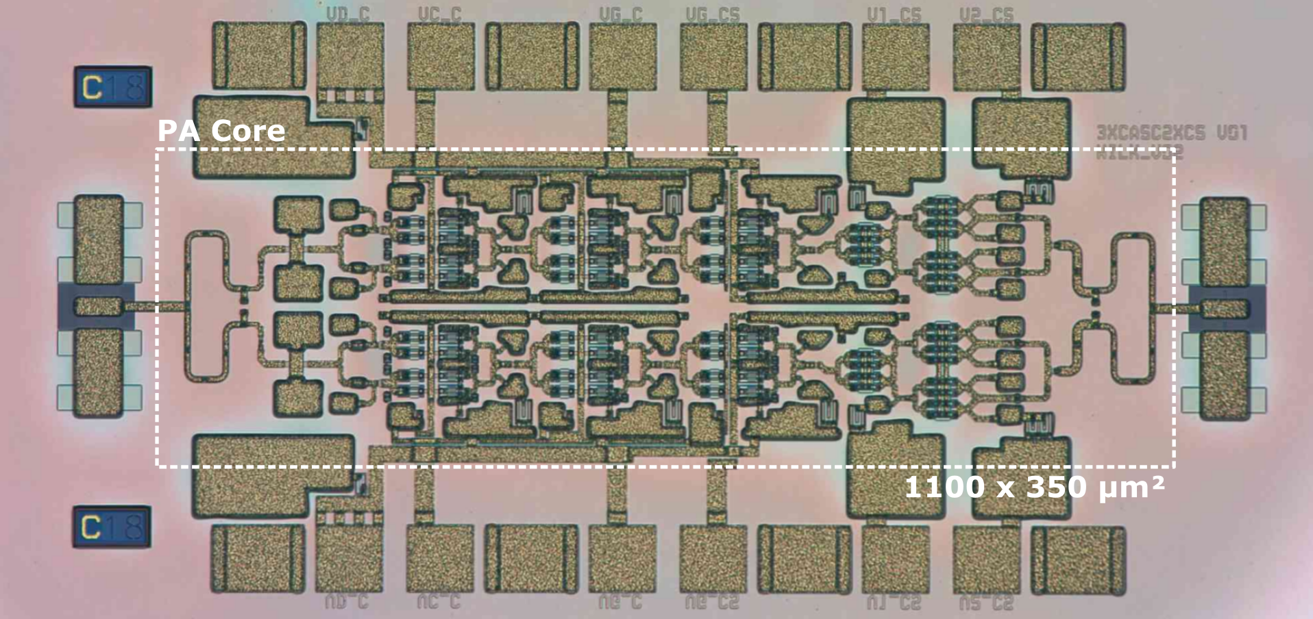 Chip photograph of a 300-GHz power amplifier circuit with more than 20 mW of saturated output power