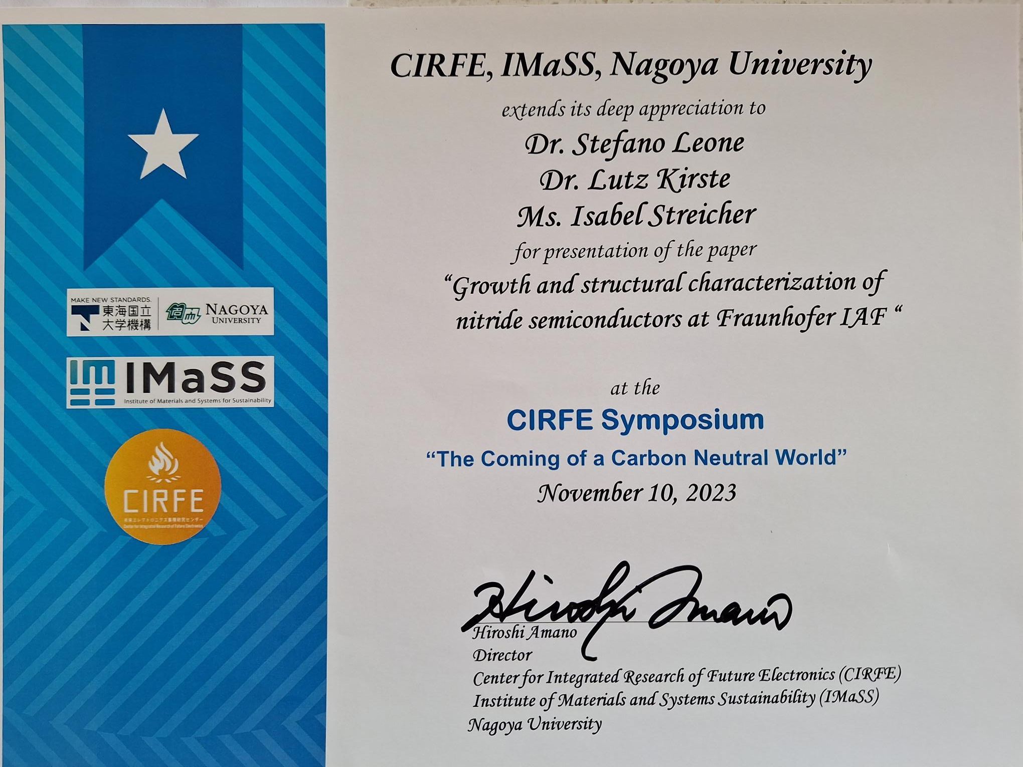 Certificate of participation in the CIRFE Symposium at Nagoya University