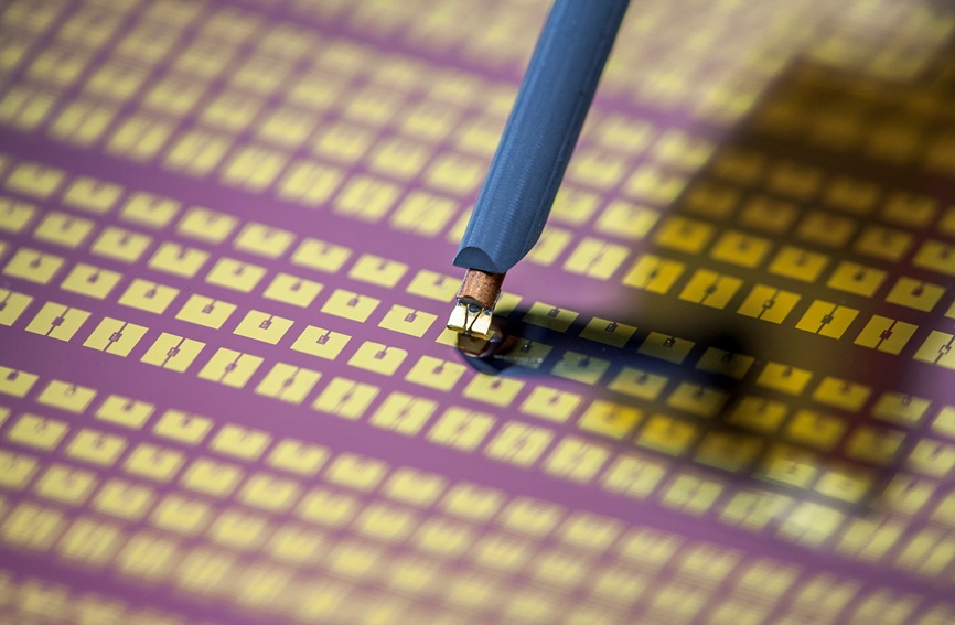 Resonators with graphene electrodes during characterization.