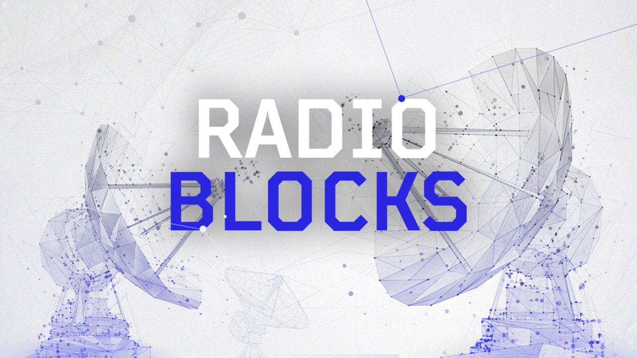 The key visual of the RADIOBLOCKS project shows a white-blue lettering with the project title in the foreground and two stylized parabolic antennas in the background. 