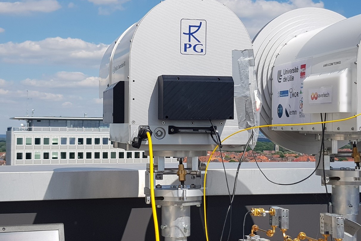 Transmitter and receiver of a Terraherzt directional radio link mounted on the roof of a high-rise building.