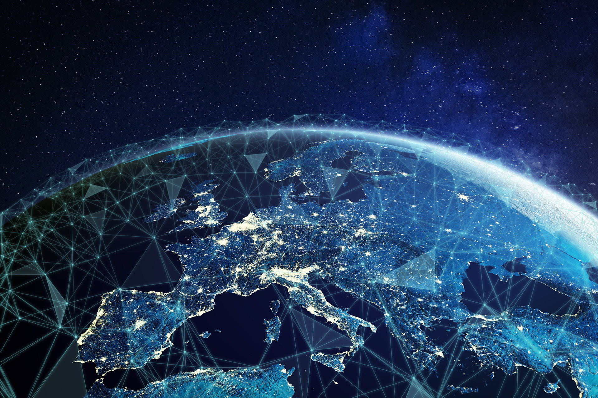 Visualization of a Telecommunication network above Europe viewed from space with connected system