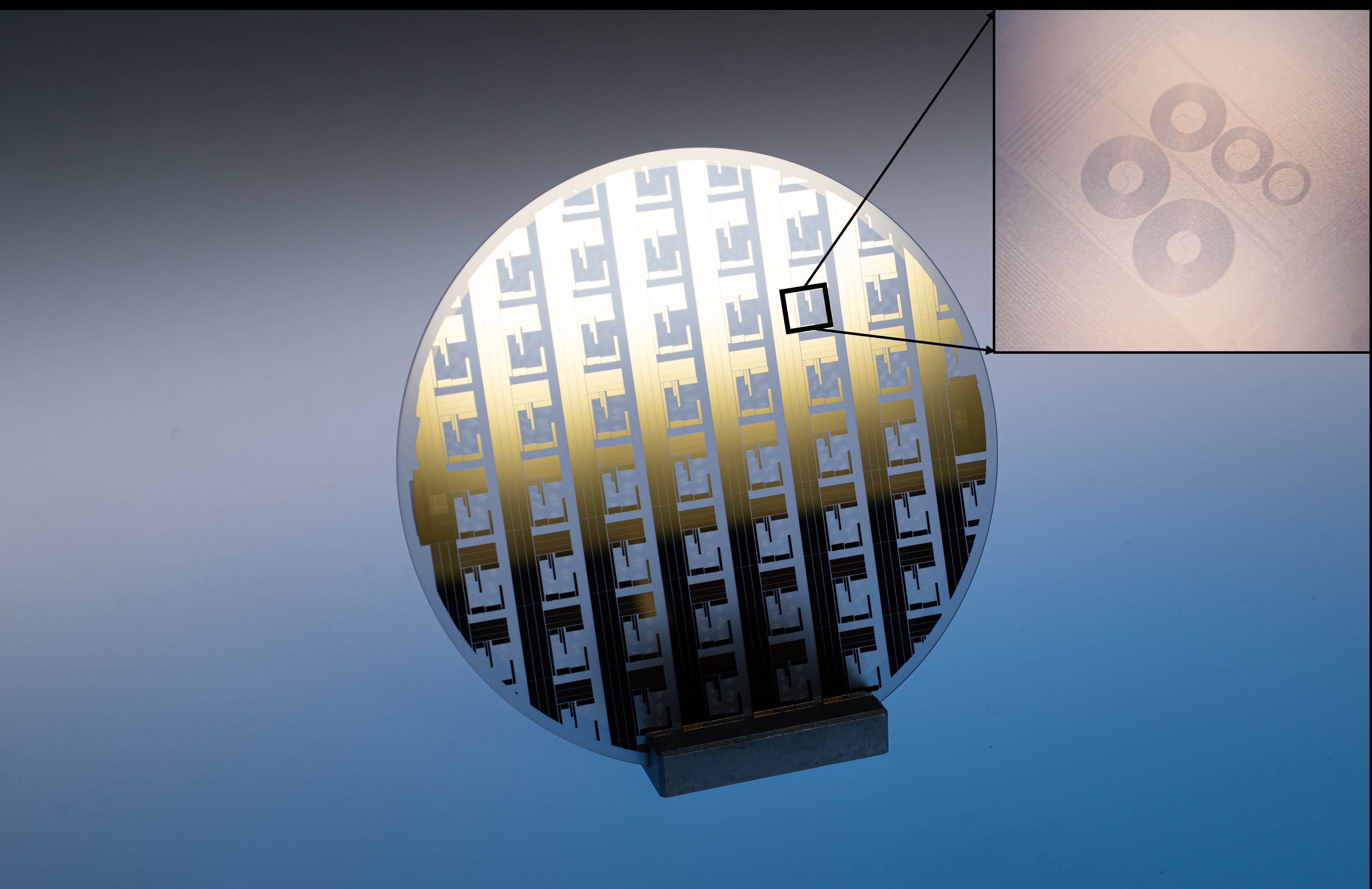 Processed wafer with an insert showing circular structures.